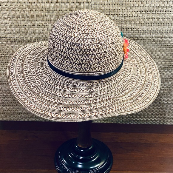 🌟2xHP🌟NWOT Marled Brown & Cream Floral Straw Hat - Picture 5 of 10